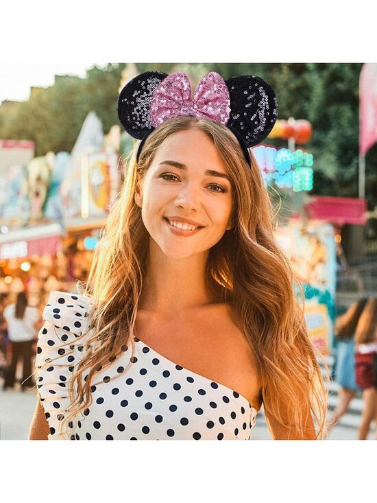 Women Pink Black Sequin Shiny Bows Mickey Mouse 2 Pcs Headband main image 7